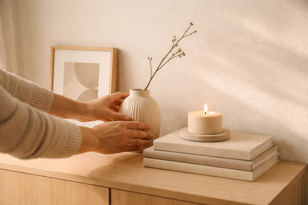 Stemningsfuldt, symbolsk billede til mission/værdier: hænder der arrangerer enkle dekorationer på en hylde eller kommode, der illustrerer kærlighed til detaljer og personlig stil.
