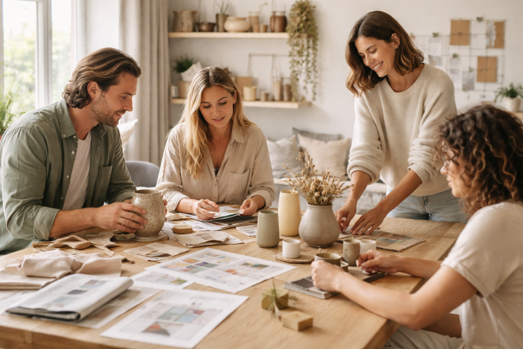 Kreativt, afslappet arbejdsfællesskab omkring et bord med notesbøger, farveprøver og små dekorationsobjekter – fokus på proces, ikke opstillede portrætter.