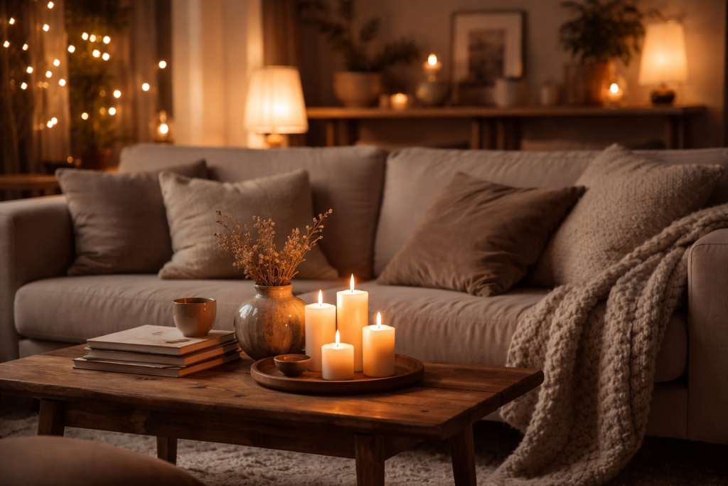 Aften-hyggestemning i stuen med tændte stearinlys, blødt lys og afslappet, moderne boligindretning.