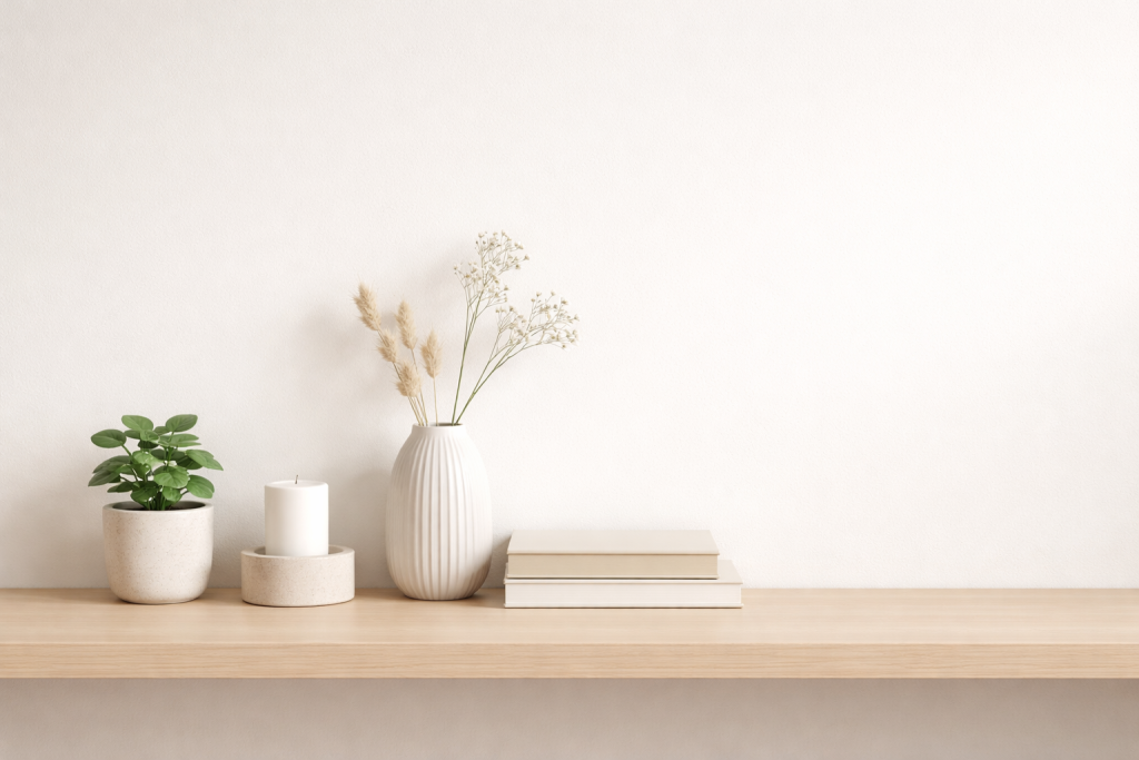 Standard blog-header: alsidigt, roligt motiv med forskellige dekorationsobjekter på et bord, god plads til overskrifter og kan bruges til mange typer artikler.