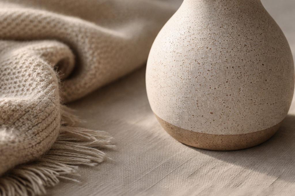 Detaljebillede: helt tæt på en dekorativ genstand (fx keramik, lys eller tekstiler), der fremhæver struktur, materialer og den taktile kvalitet i pynten.