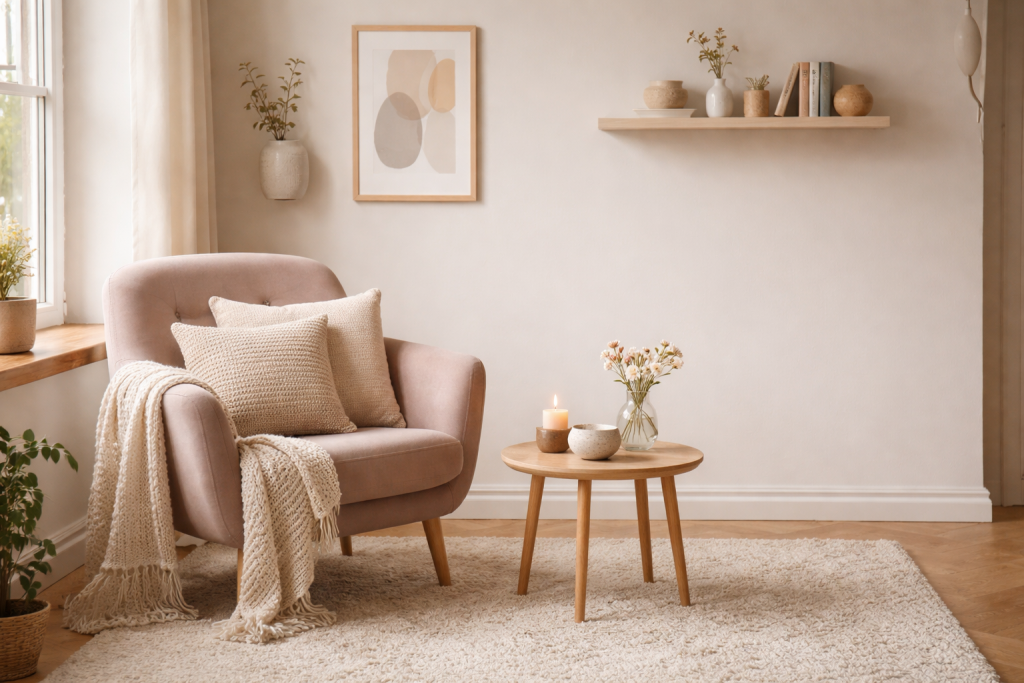 Velindrettet hyggekrog med stol, lille bord og nøje udvalgt pynt, der viser, hvordan små detaljer skaber stemning.