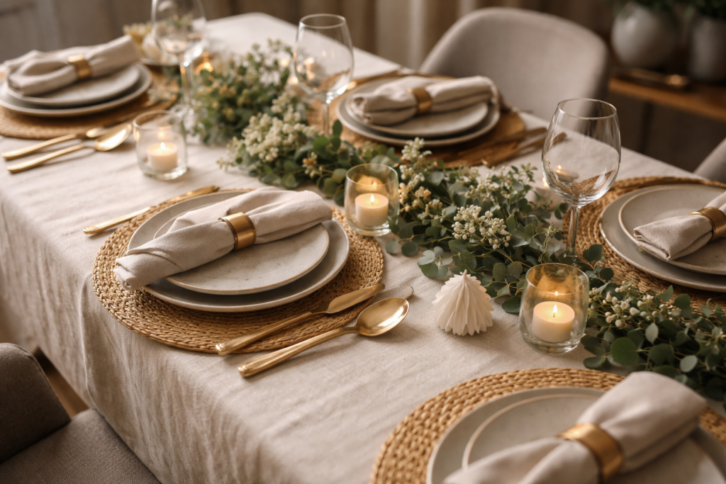 Tæt på et smukt opdækket bord med fokus på dekorative detaljer og lag-på-lag teksturer.