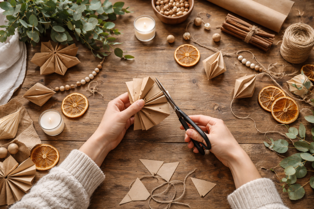 Arbejdsbord med materialer som papir, snor, grene og lys, hvor der er i gang med at blive lavet hjemmelavet pynt.