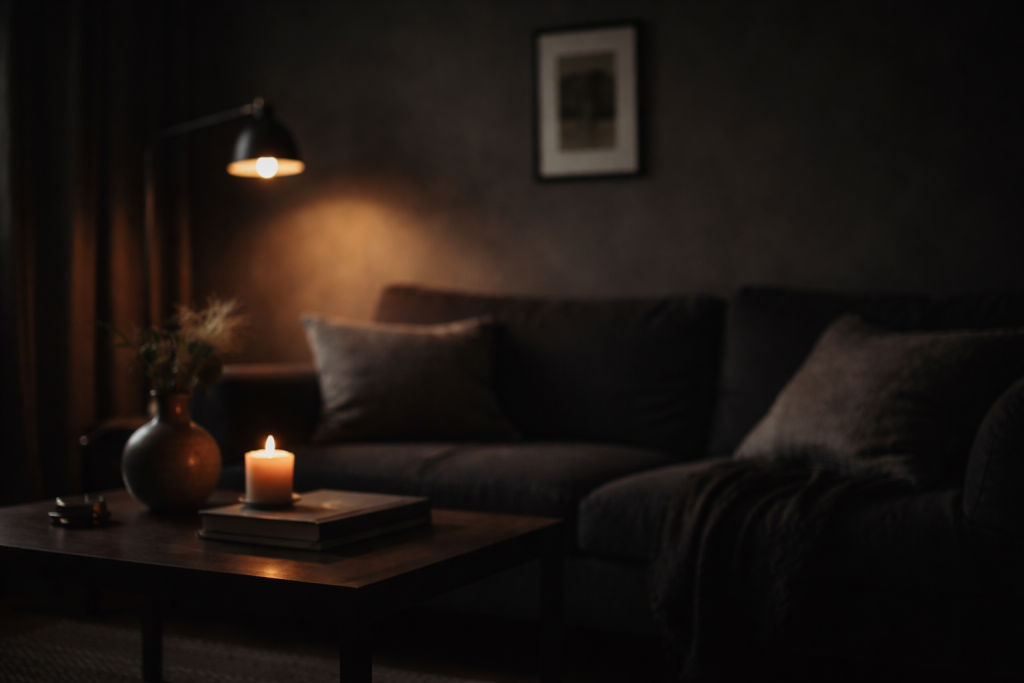 Baggrundsbillede til udtalelser: mørkere, stemningsfuld stue med blødt lys og diskret pynt, så hvid tekst kan læses tydeligt ovenpå.