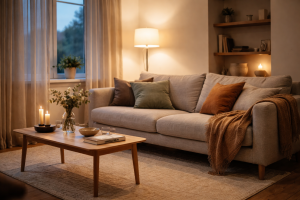Indret en hyggelig stue med Hygge-metoden: lys, farver, tekstiler og pynt