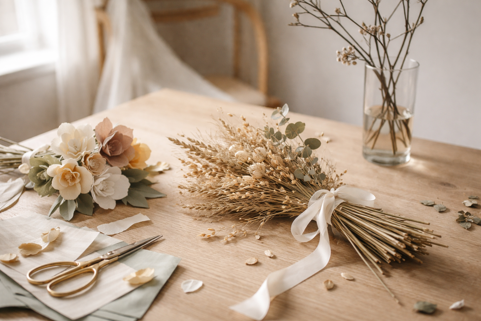 Alternative brudebuketter: 20 idéer med tørrede blomster, papir og grene